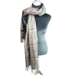 Cashmere Shawl- XL- fringe- Cream, Pink Pink Blue stripes- warm scarf 78x26"